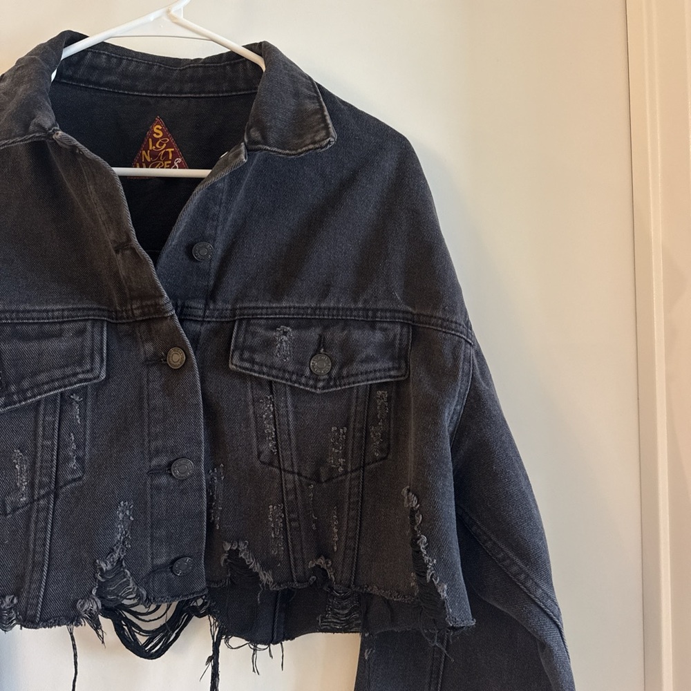 Signature 8 Black Distressed Cropped Denim Jacket - Picture 2 of 3